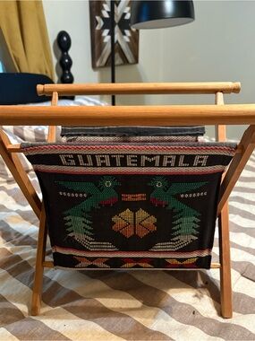 Vintage Guatemala Woven Fabric Magazine Holder - Black with Green & Yellow Motif